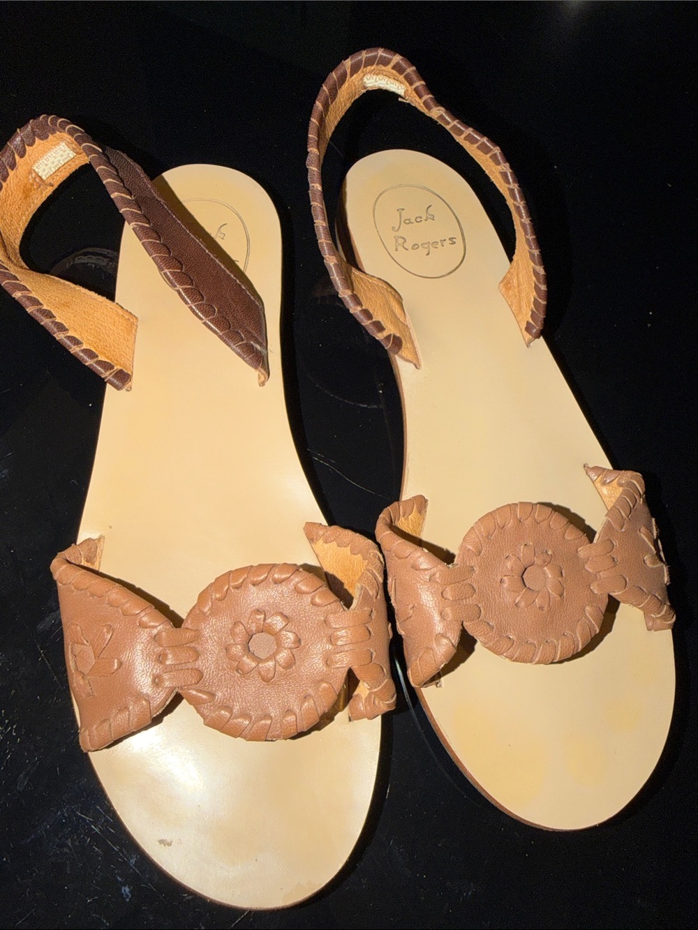 Jack Rogers Tan Leather Hand-Stitched Medallion Sling Sandals